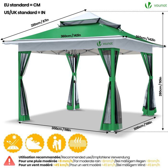 Cenador de jardín plegable VOUNOT® de 3,6 x 3,6 m con mosquitera, color verde.