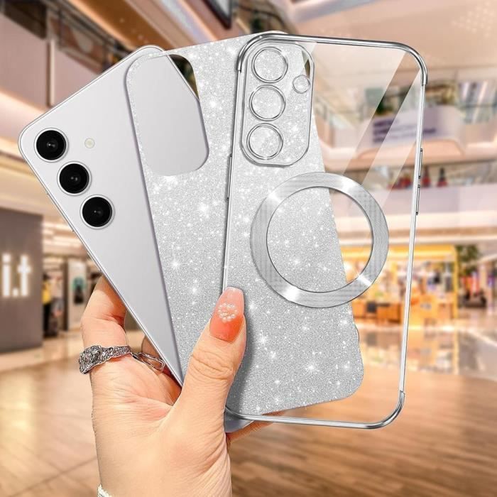 Case + 2 Tempered Glass Screen Protectors for Samsung Galaxy S25, with Magnetic Camera Protection Circle - Sparkling Silver