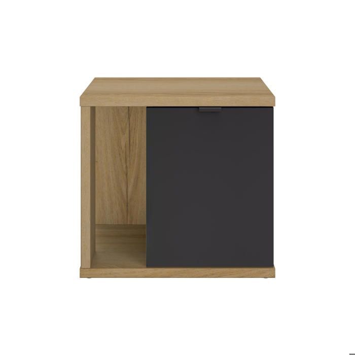 Matzwart nachtkastje met één deur en een plank met houtlook.