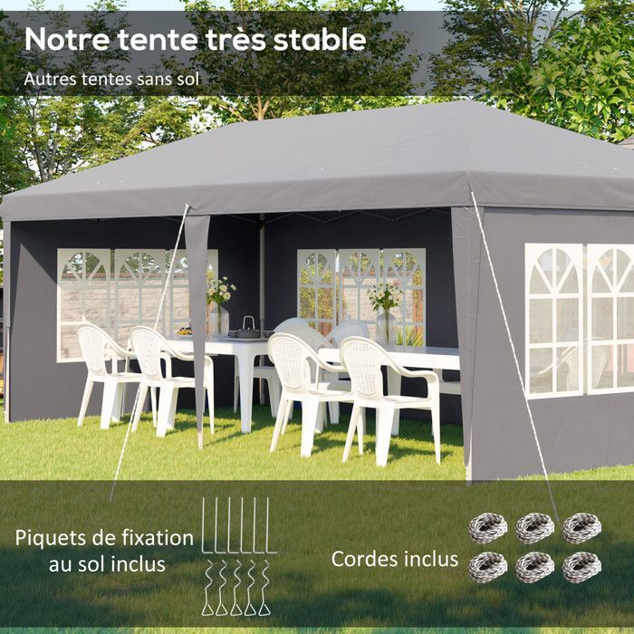 Outsunny opvouwbare partytent - 3 x 6 m - 3 afneembare zijwanden - Inclusief grondankers en draagtas - Grijs