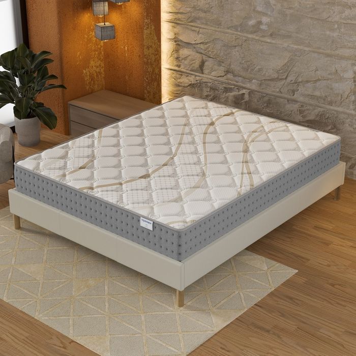 Conjunto de colchón y base de cama (160x200cm) - Muelles ensacados Essem y espuma de alta densidad de 25 cm de grosor + base de cama de madera estable, tela blanca