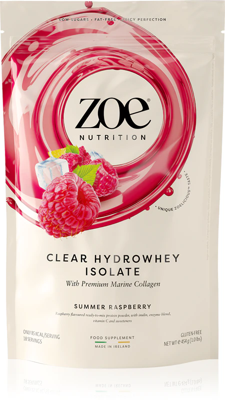 Suplemento alimentar ZOE Clear Hydrowhey Isolate, proteína isolada do soro do leite com colágeno.