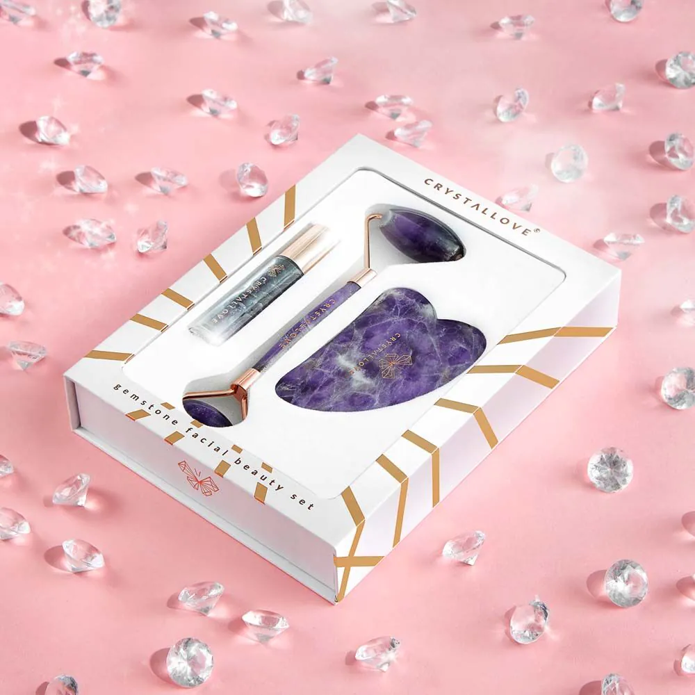 Crystallove Amethyst Beauty Set (Masażer do twarzy + Płytka Gua Sha + Buteleczka Roll-On)