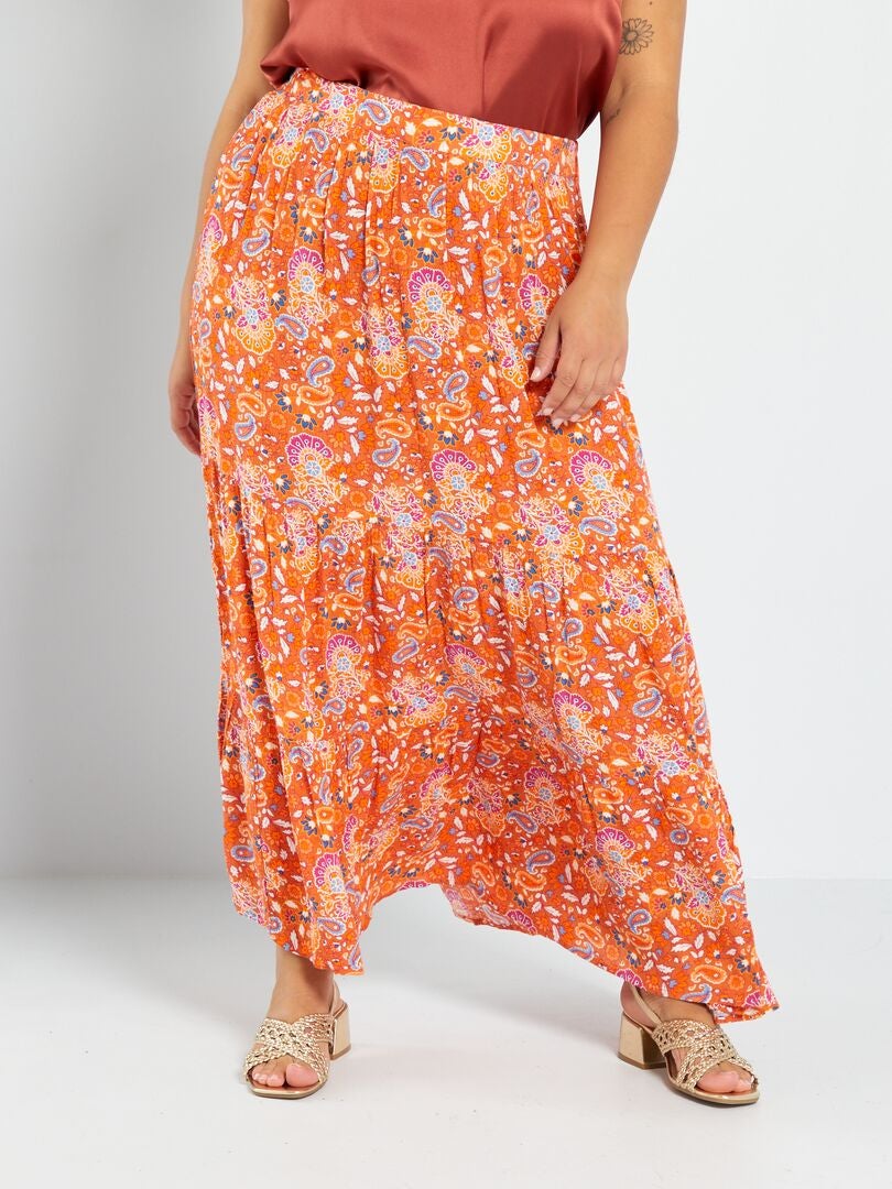 Falda larga con volantes estampados - NARANJA