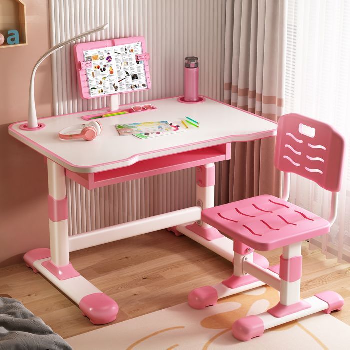 Escritorio y silla de estudio infantil - Soporte de lectura reclinable, luz LED - Altura ajustable (3-18 años)