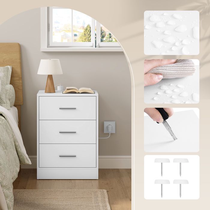 Mesa de cabeceira branca com tomada integrada - Mesa lateral WOLTU - 2 tomadas CA, 1 porta USB, 1 porta Tipo C