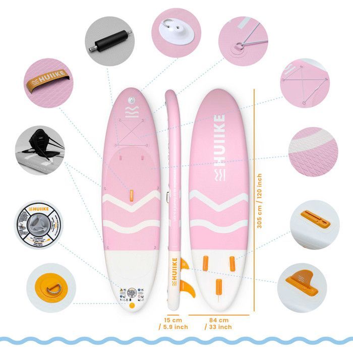 Paddle Gonflable Adulte Rose avec des Accessoires de Qualité - HUIIKE | Stand Up Paddle avec Pagaie en Aluminium, Pompe, Leash