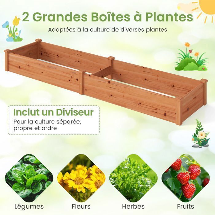 Huerto elevado de madera COSTWAY, 240 x 60 x 25 cm, 2 jardineras, base abierta, huerto para flores, hierbas y frutas, color naranja.