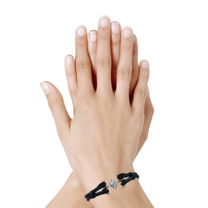 Les Poulettes Bijoux - Unisex armband met dubbel anker en shagreen van rhodium - 18 cm, klassiek model - zwart