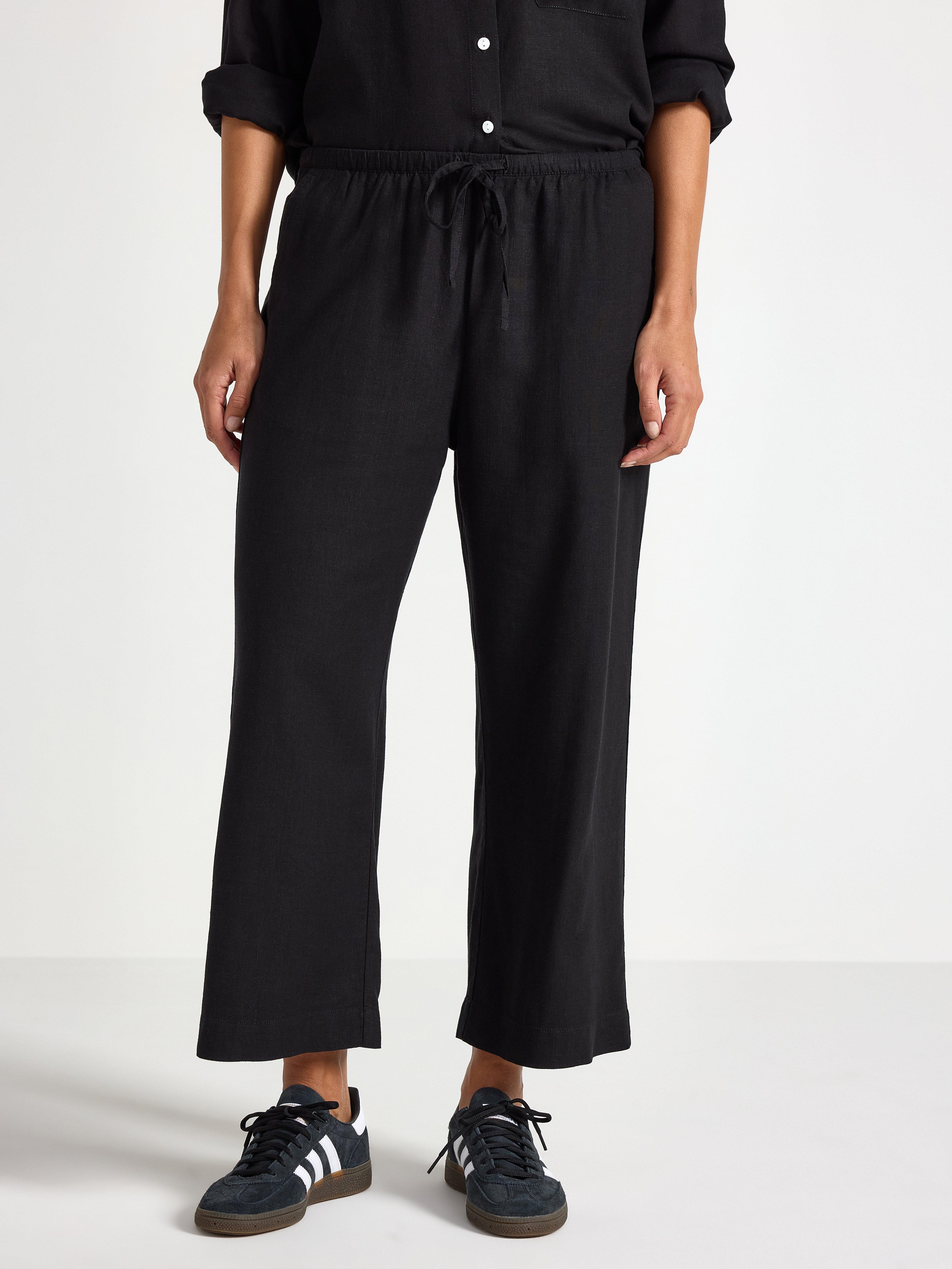 BELLA rette, cropped bukser i linblanding, svart