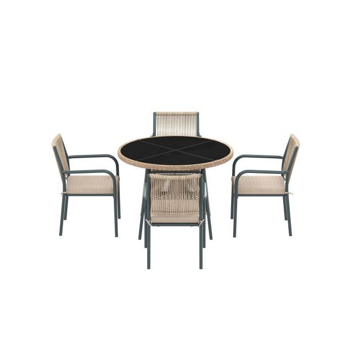 Conjunto de muebles de jardín de 5 piezas en resina tejida gris, mesa redonda de cristal templado y 4 sillones con cojines.