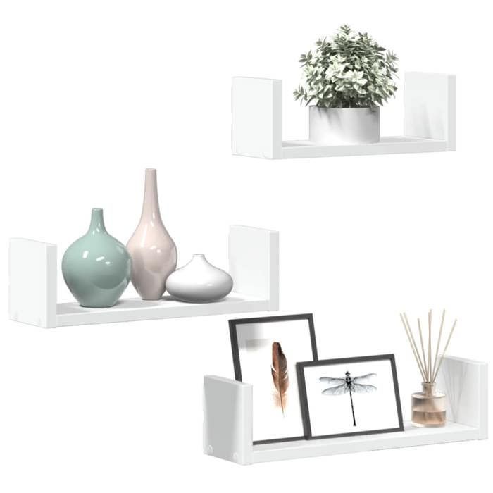 vidaXL Estantes de pared de madera de ingeniería blanca de 3 piezas, estante flotante, estante de exhibición de pared, estante para CD, 853308