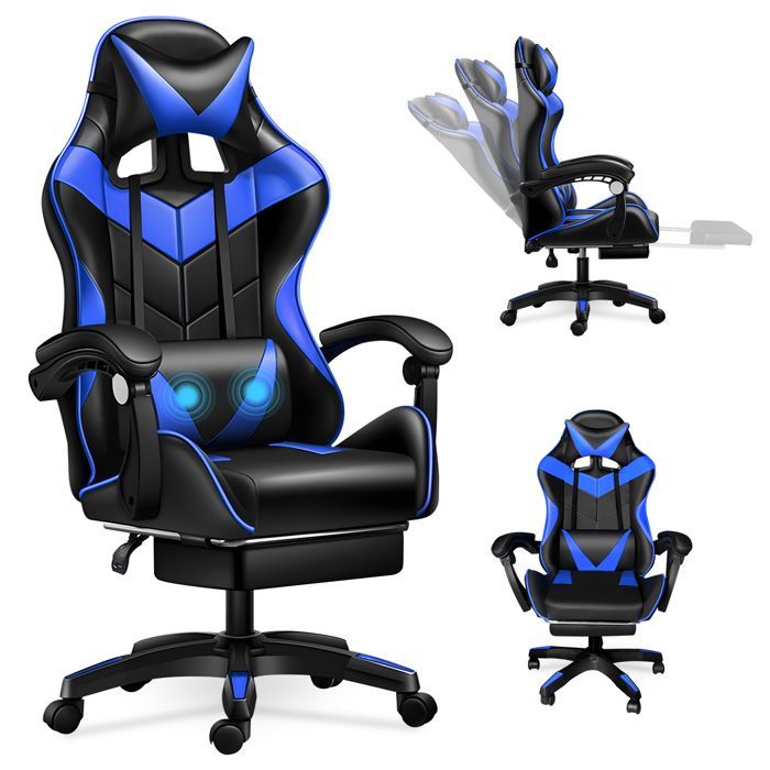 Silla gaming ergonómica con cojín lumbar de masaje, reposapiés, respaldo ajustable en altura e inclinación, capacidad de carga de 150 kg.