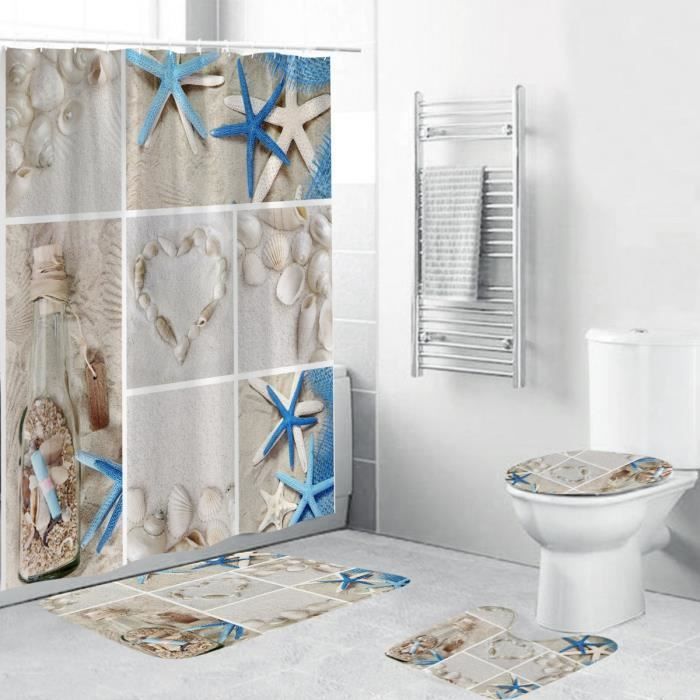 Kit de Tapis de Bain et Rideau de Douche - NEUFU - Style de Plage - Antidérapant - Polyester - 180x180cm