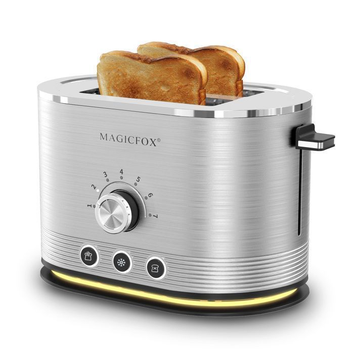 Tostadora MAGICFOX de 2 rebanadas, 850 W, descongelación, recalentamiento, expulsión automática, carcasa de acero inoxidable y luz LED en la base.