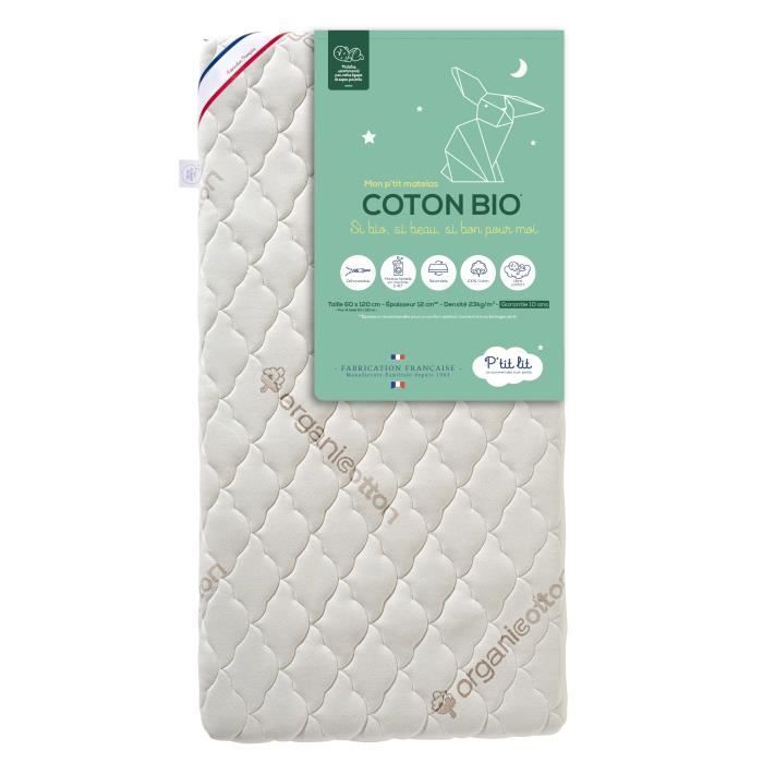 Matelas Bébé Coton Bio - P'TIT LIT - 60x120 cm - Blanc - 12 cm d'épaisseur - Confort optimal