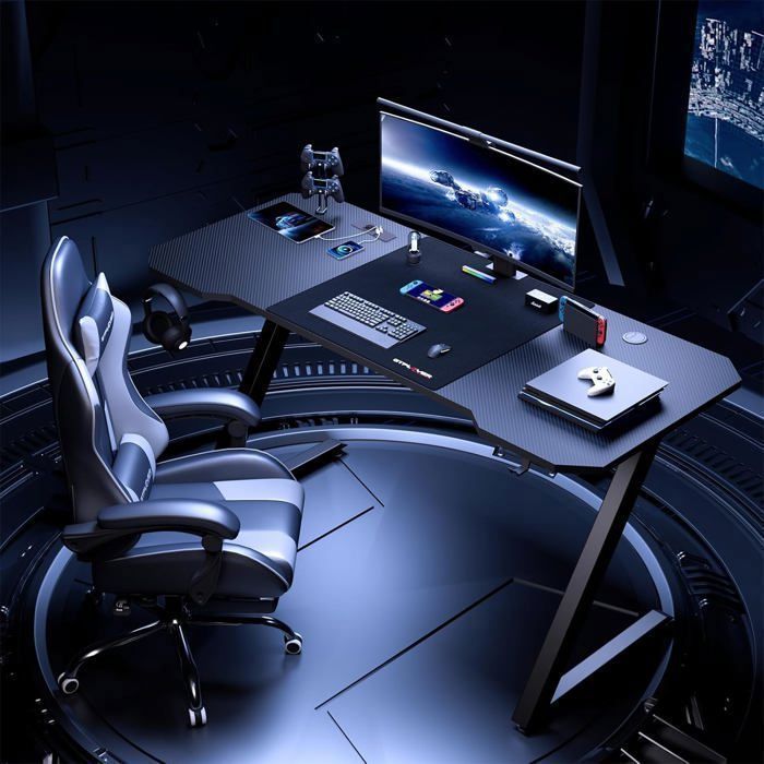 Bureau Gaming 120 x 60 cm, Bureau Gamer avec Prise de Courant,Crochet pour Casque, Noir