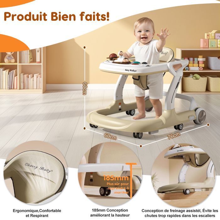 Andador convertible 2 en 1 para bebés - Altura y velocidad ajustables - Bandeja para comida, música Bluetooth, alfombra de juegos, juguete para empujar - 7-18 meses - Beige