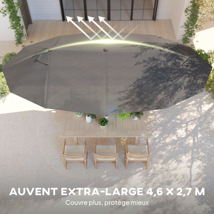 Ombrellone da giardino XXL - Outsunny - Grande formato con base a croce, meccanismo di apertura e chiusura a manovella - Acciaio e poliestere - Grigio