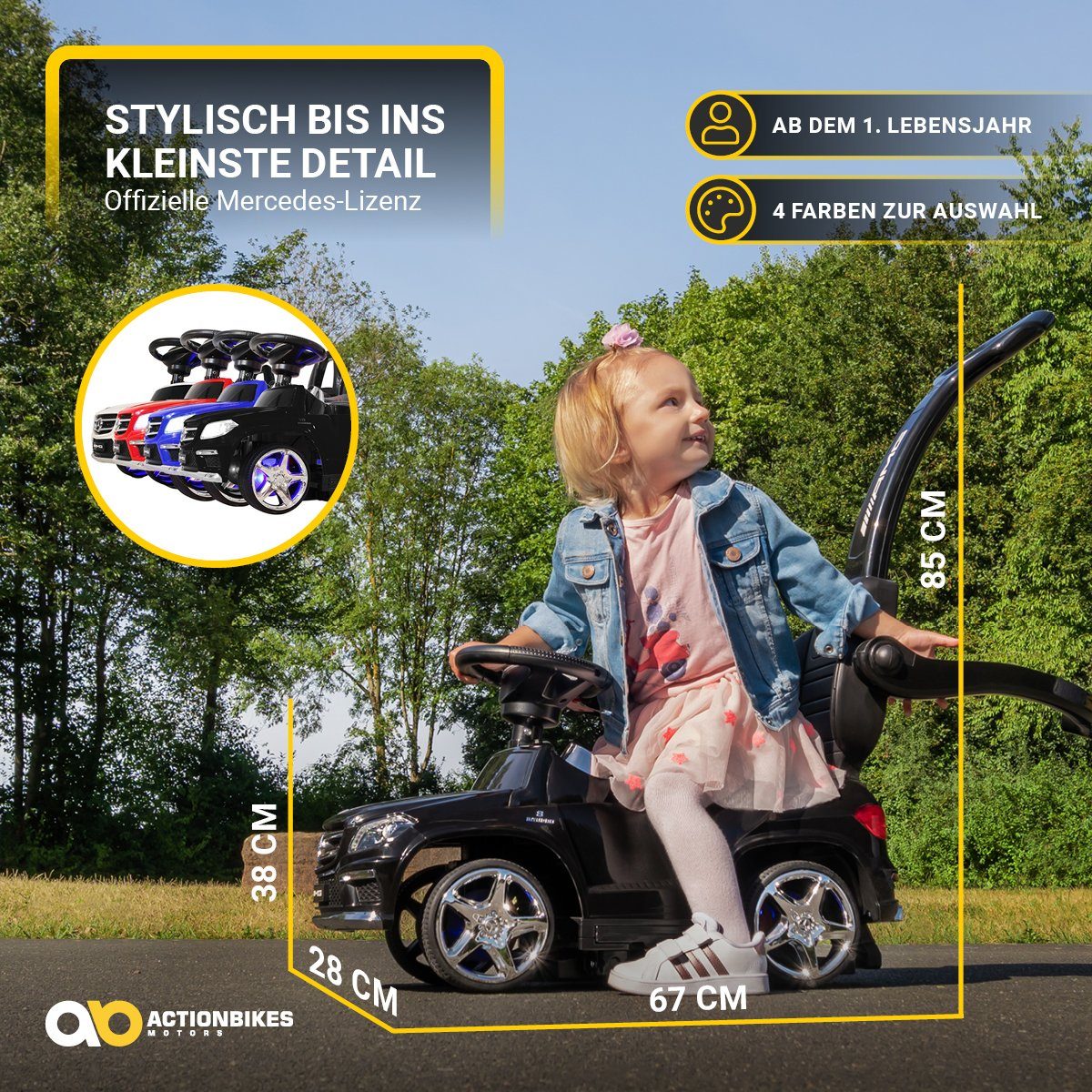Actionbikes Motors Mercedes Benz GL 63 AMG elektrische kinderauto incl. duwstang (Elektrische auto voor kinderen vanaf 1 jaar - Schommelfunctie - Voetsteunen, 1 stuk, 6V accu - MP3 - Bluetooth - Geluidsmodule - LED - EVA-banden), Kindervoertuig