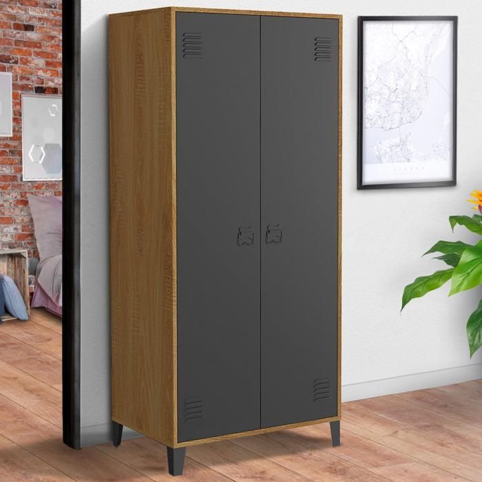 IDMARKET ESTER 2-door wardrobe/locker, black metal with wood trim, industrial design