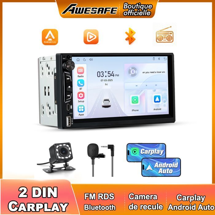 Autorradio AWESAFE 2 Din con CarPlay, Android Auto, conexión inalámbrica, pantalla táctil IPS de 7 pulgadas, Bluetooth, GPS, puerto USB tipo C, USB, entrada auxiliar y cámara de visión trasera.