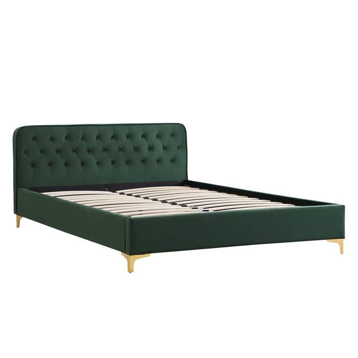 Cama doble GLAMOUR, superficie de descanso de 140x190 cm, con somier de láminas y patas de metal dorado, estilo barroco, tapizada en terciopelo capitoné verde.
