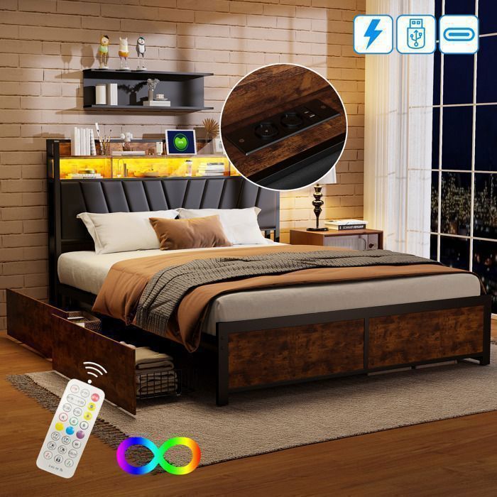180x200 bed with slatted base - DRELYGWEA - king size 180x200 bed frame with storage - LED - Black and Brown