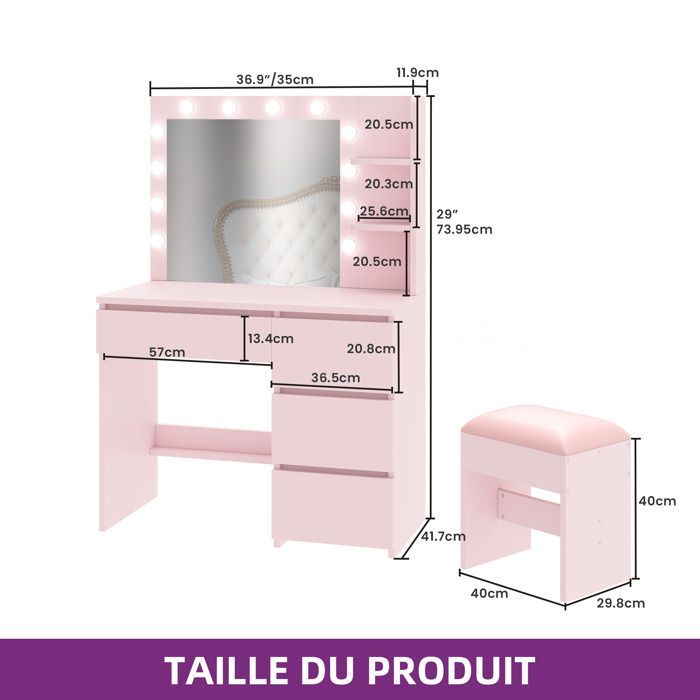 Coiffeuse avec Miroirs BALCONERA - avec éclairage LED- 4 Tiroirs- 3 Couleur réglable- Rose