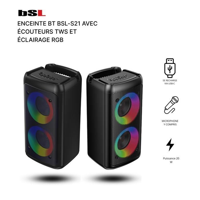 Caixa de som Bluetooth BSL-S21 de 20 W com TWS, Karaokê e Iluminação RGB | USB-C | Microfone incluído