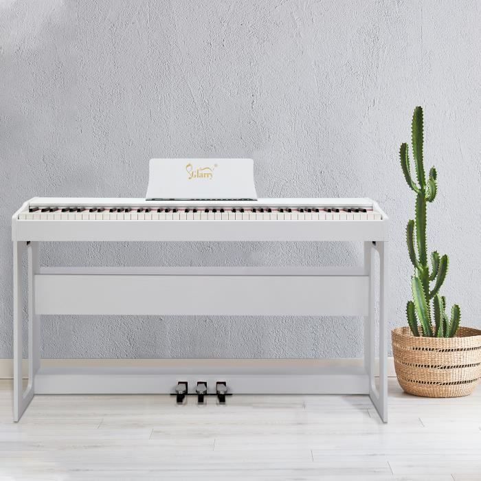 Piano eléctrico blanco de 88 teclas, con banqueta plegable y elevable.