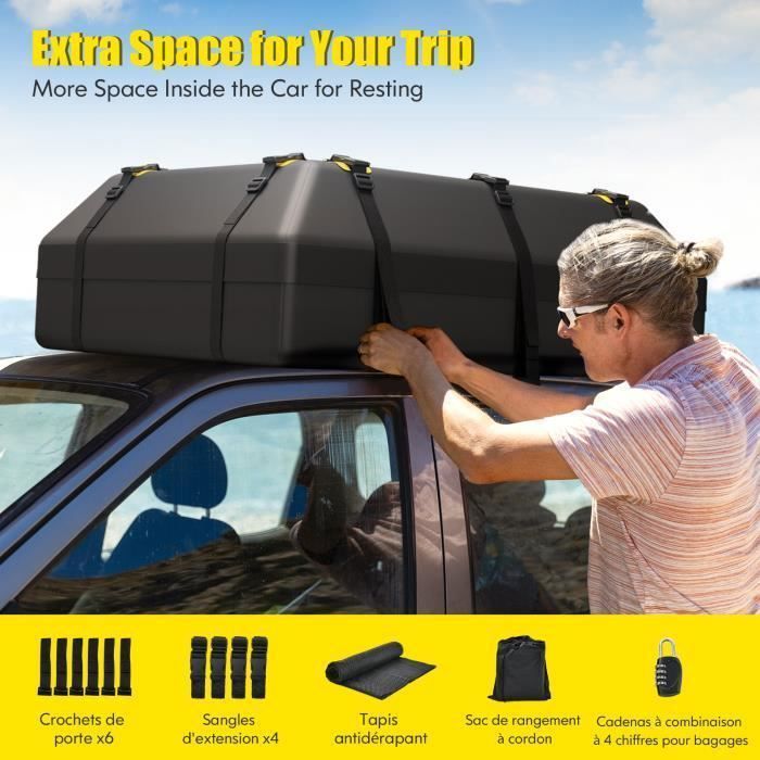 Cofre de techo impermeable para coche COSTWAY de 600 L - 14 correas, 6 ganchos para la puerta, sistema de cierre, alfombrilla antideslizante, bolsa de almacenamiento