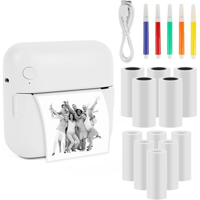 Mini-Fotodrucker, tragbar, Bluetooth-fähig, sofort einsatzbereiter Thermodrucker (mit 10 Rollen Fotopapier)