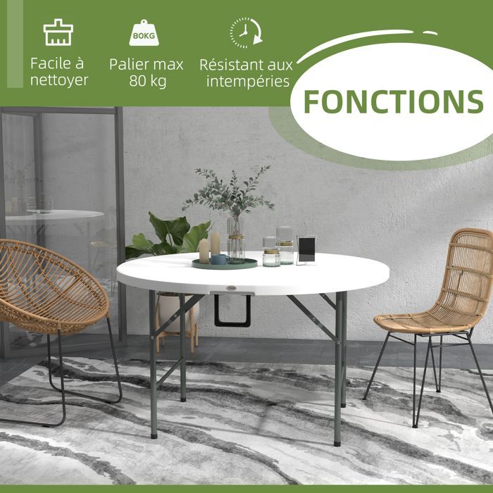 Mesa redonda de jardín Outsunny de HDPE, 122x122x73cm, blanca.