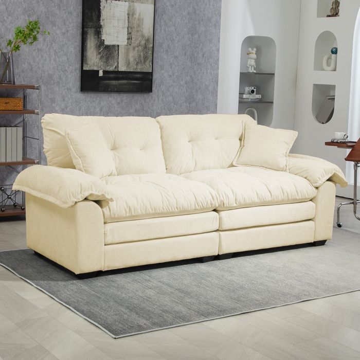 MEUBLIV Double Sofa, Tufted Sofa with 2 Matching Armchair Cushions, 213.4x90.1x87.6 cm, Chenille, Beige
