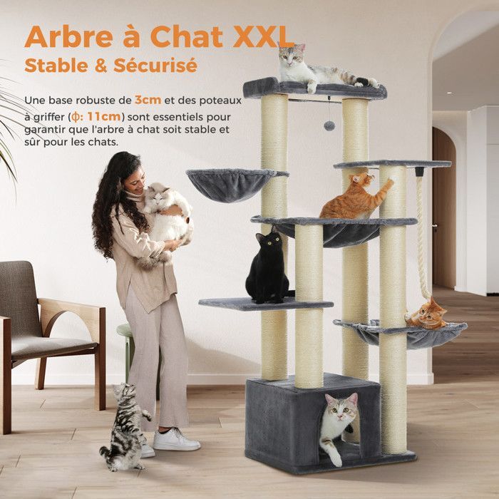 PAWZ Road Large Cat Tree, Cat Tree with XXL 11cm Sisal Posts, Spacious Hammocks, Condo & Perch, 170cm, Light Grey