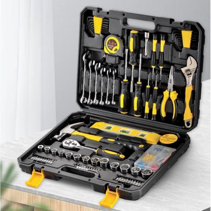 Kit de ferramentas completo com 108 peças, incluindo chave inglesa, conjunto de chaves de fenda de precisão, martelo e alicate para reparos domésticos.
