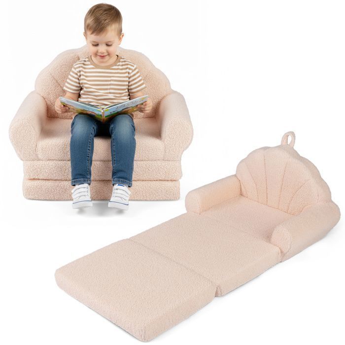 Canapé pour Enfants Pliable COSTWAY  Convertible 2-en-1 avec Motifs de Coquillages, Poignée Légère, Base Anti-Dérapante, Beige