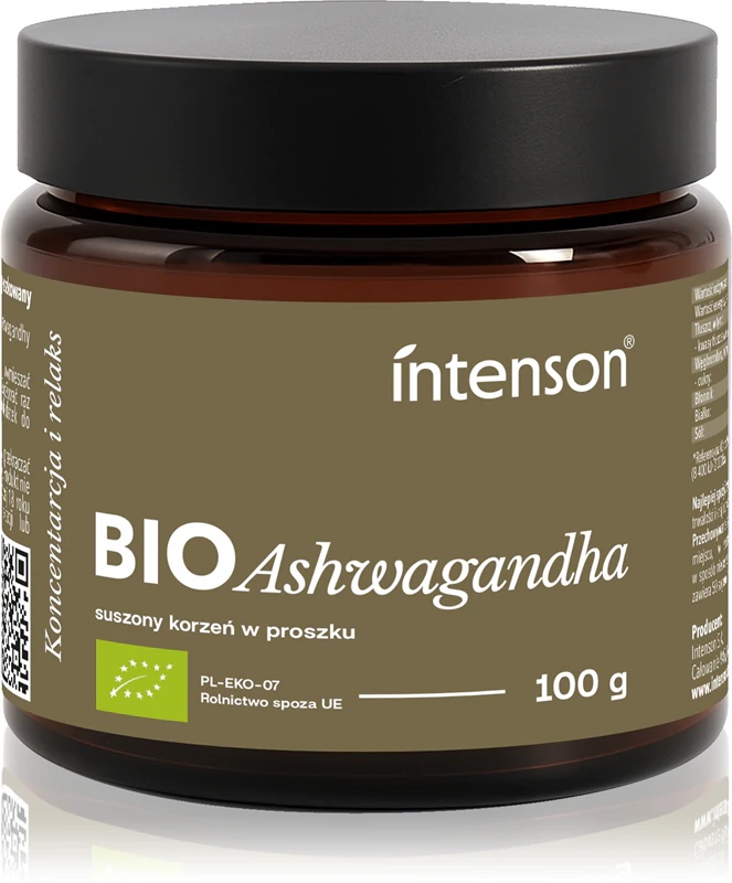 „Intenson Ashwagandha BIO“ maisto papildo milteliai fizinei ir psichinei sveikatai palaikyti