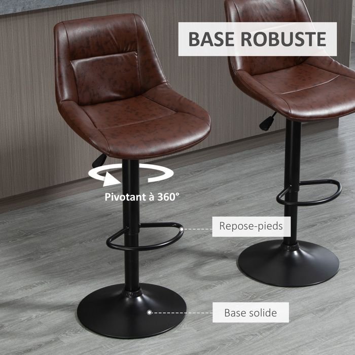 Tabourets de bar vintage - HOMCOM - lot de 2 réglable pivotant repose-pied cuisine bistro - synthétique - marron effet vieilli