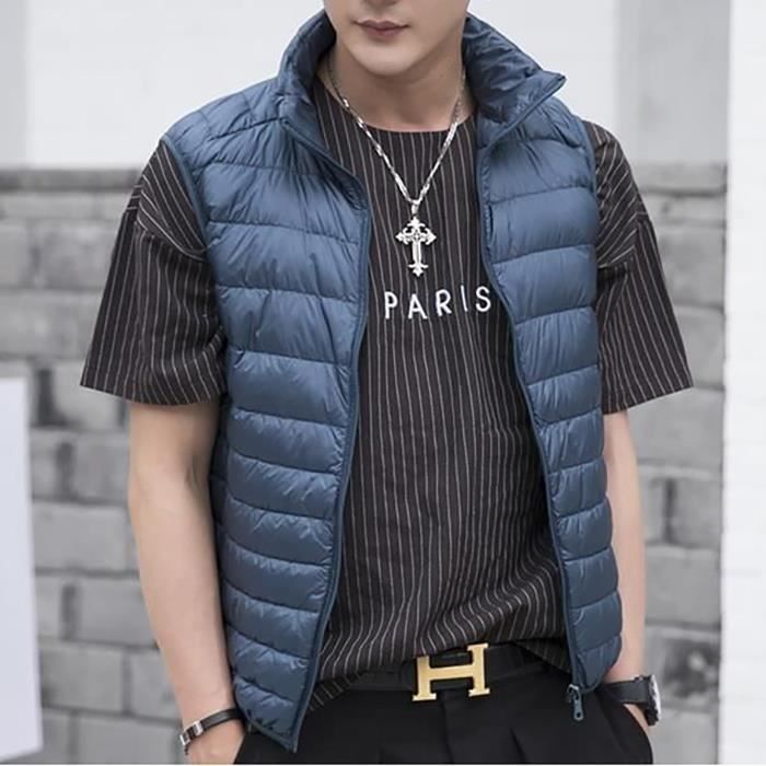 Chaqueta de plumas sin mangas ultraligera para hombre FUNMOON con cremallera, para invierno, compresible, azul claro.