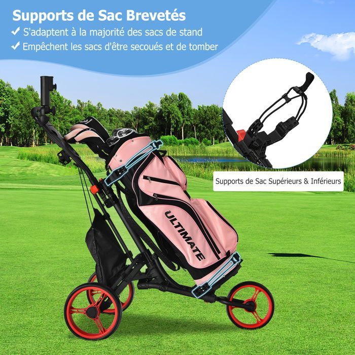 Carrito de golf plegable de 3 ruedas COSTWAY con correa elástica, soporte ajustable para paraguas y portavasos, bolsa con revestimiento de aluminio, color rojo.