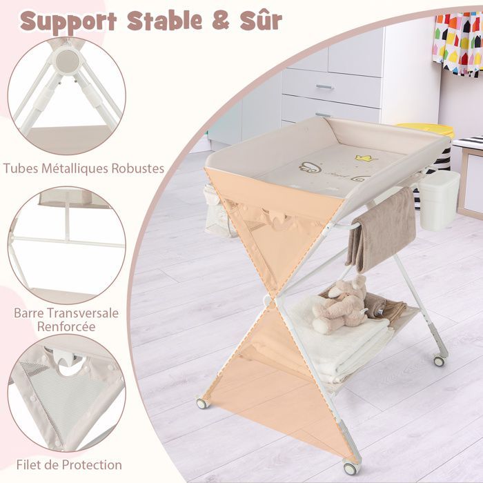 Table à Langer pour Bébé COSTWAY-Pliable-Hauteur Réglable 3 Niveaux-Poubelle-Panier de Rangement-Étagère-Roue Verrouillable-Beige