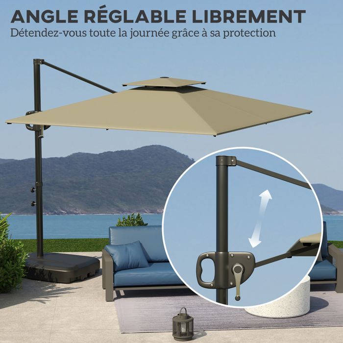 Sombrilla voladiza Outsunny cuadrada de 2,5 x 2,5 m con manivela y 2 bases, doble toldo, resistente a los rayos UV, 8 varillas, color gris claro.