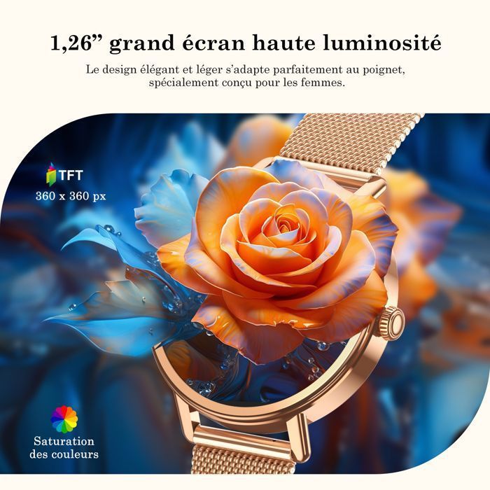 Smartwatch voor dames met een scherm van 1,26 inch, meer dan 100 sportmodi, IP68 waterdichtheid, Bluetooth-bellen en slaapregistratie voor Android en iOS.