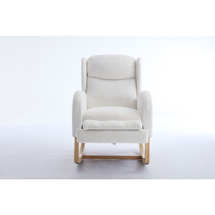 Fauteuil à bascule scandinave Fauteuil allaitement confortable tissu Teddy blanc poche intégrée