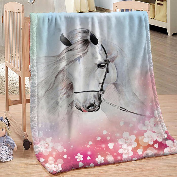Manta polar con estampado de caballo blanco, 130x150 cm, cálida, suave y mullida, de microfibra.