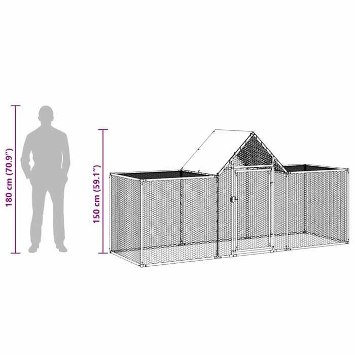 Gallinero de acero galvanizado - MEUBLECHIC - 3x1x1,5 m - Plata - Techo impermeable - Malla metálica