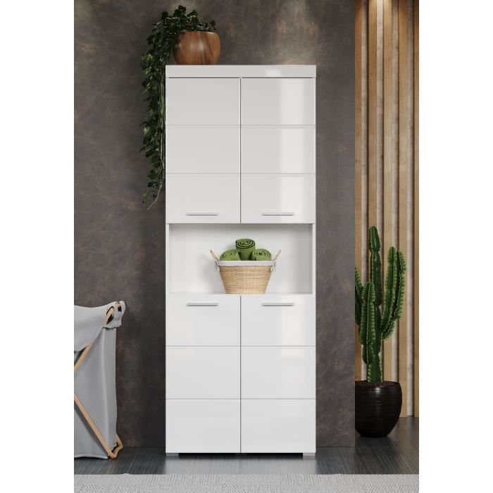 Bathroom cabinet, double column - 4 doors + 1 niche - W73 x D31 x H190 cm - White - AMANDA