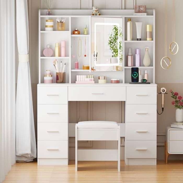 BEWISHOME Coiffeuse avec Tabouret et Miroir de Porte, 2 Port USB et 2 Prise, 9 Tiroirs de Rangement, Blanc, 110×40×145cm